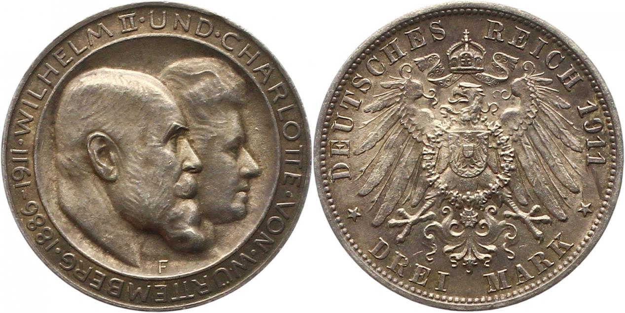  7588 Kaiserreich Württemberg 3 Mark 1911  sehr schön vorzüglich   
