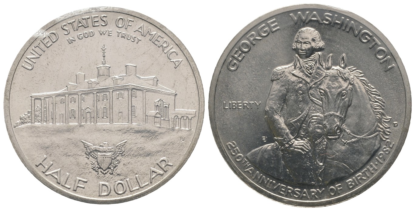 PEUS 7792 USA 10,13 g Feinsilber. Commemoratives George Washington 1/2 Dollar 1982 D Denver Uncirculated (eingeschweißt)