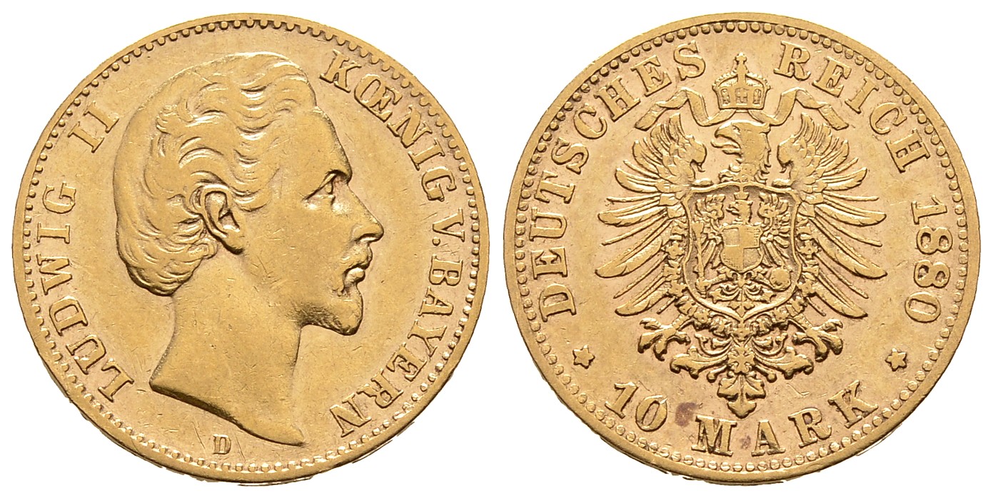 PEUS 7805 Bayern 3,58 g Feingold. Ludwig II. (1864 -1886) 10 Mark GOLD 1880 D München Sehr schön