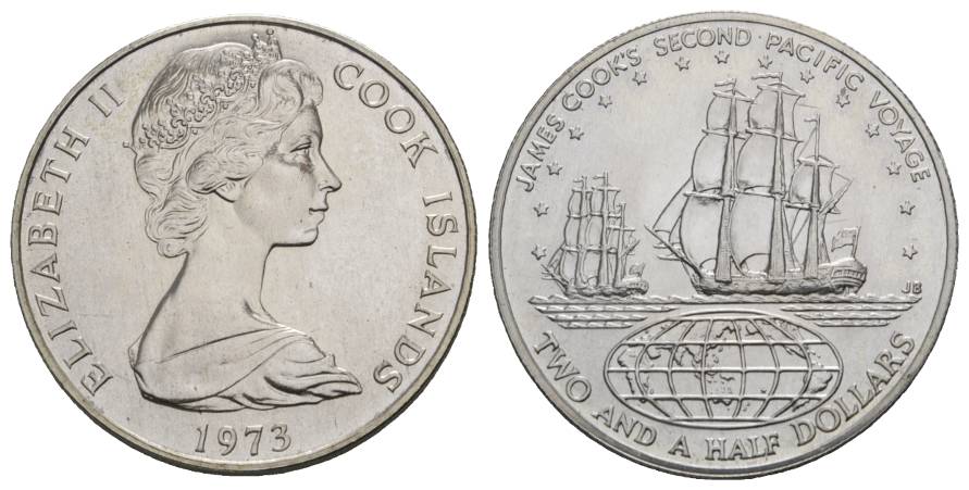  Schifffahrtsmünze; Cook Islands, 2 1/2 Dollars 1973, AG; 27,12 g; Ø 38 mm   