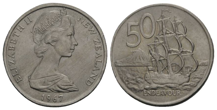  Schifffahrtsmünze; New Zealand, 50 Cents 1967; Cu-Ni, 13,72 g, Ø 31,7 mm   