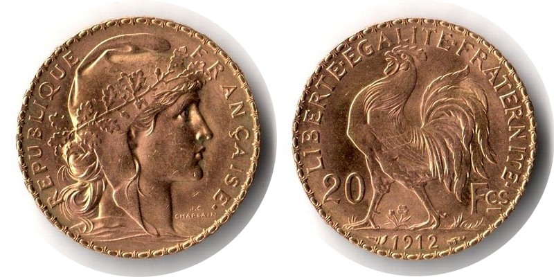 Frankreich MM-Frankfurt Feingewicht: 5,81g Gold 20 Francs 1912 sehr schön