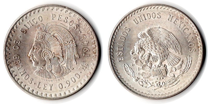  Mexiko  5 Pesos  1948  FM-Frankfurt  Feingewicht: 27g  Silber  vorzüglich   
