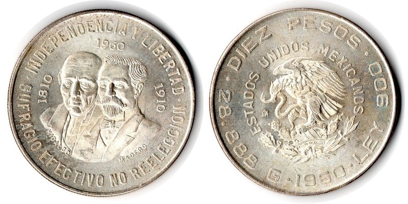  Mexiko  10 Pesos  1960  FM-Frankfurt  Feingewicht: 26g  Silber  sehr schön/vz   