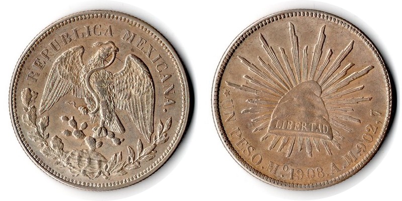  Mexiko  1 Peso  1908  FM-Frankfurt  Feingewicht: 24,44g  Silber  sehr schön   