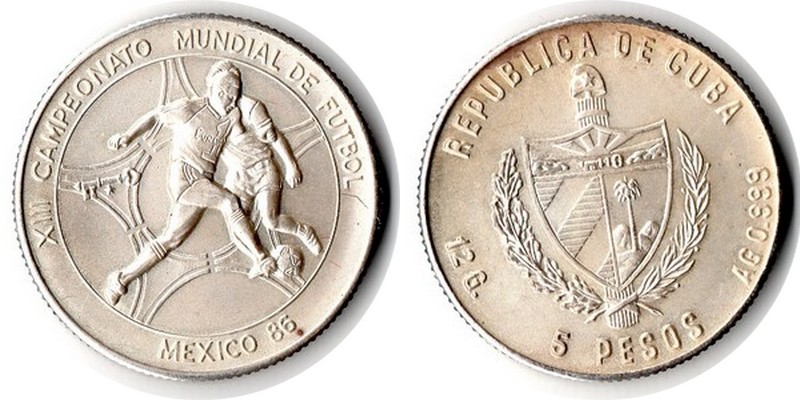  Kuba  5 Pesos  1986  FM-Frankfurt  Feingewicht: 12g  Silber  Fussball Mexiko '86   