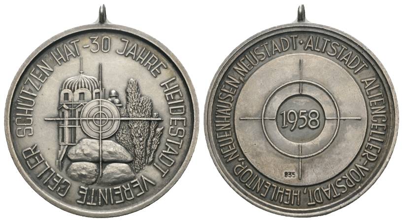  Schützenmedaille 1958, tragbar; 835er Silber; Ø 40,5 mm, 29,72 g   