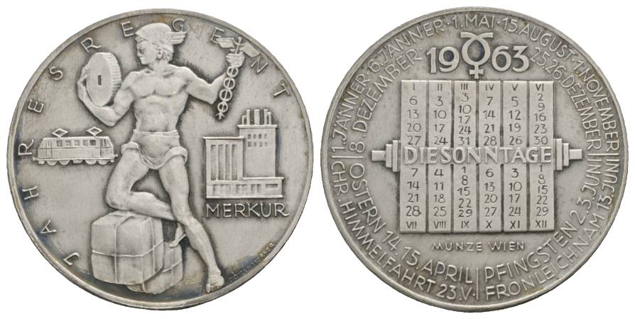  Kalendermedaille 1963 Jahresregent Merkur; versilberte Bronze; Ø 40 mm, 21,76 g   