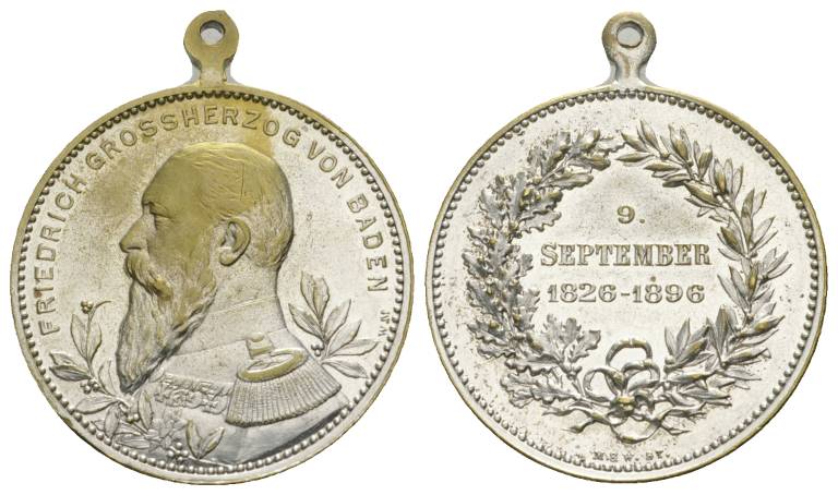 Baden 1896, Medaille tragbar, versilberte Bronze; Ø 33,5 mm, 14,66 g   