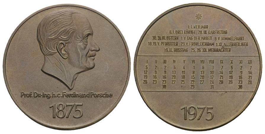  Kalendermedaille 1975 - Prof. Dr. Ing.h.c. Ferdinand Porsche; Bronze; Ø 40 mm, 21,30 g   