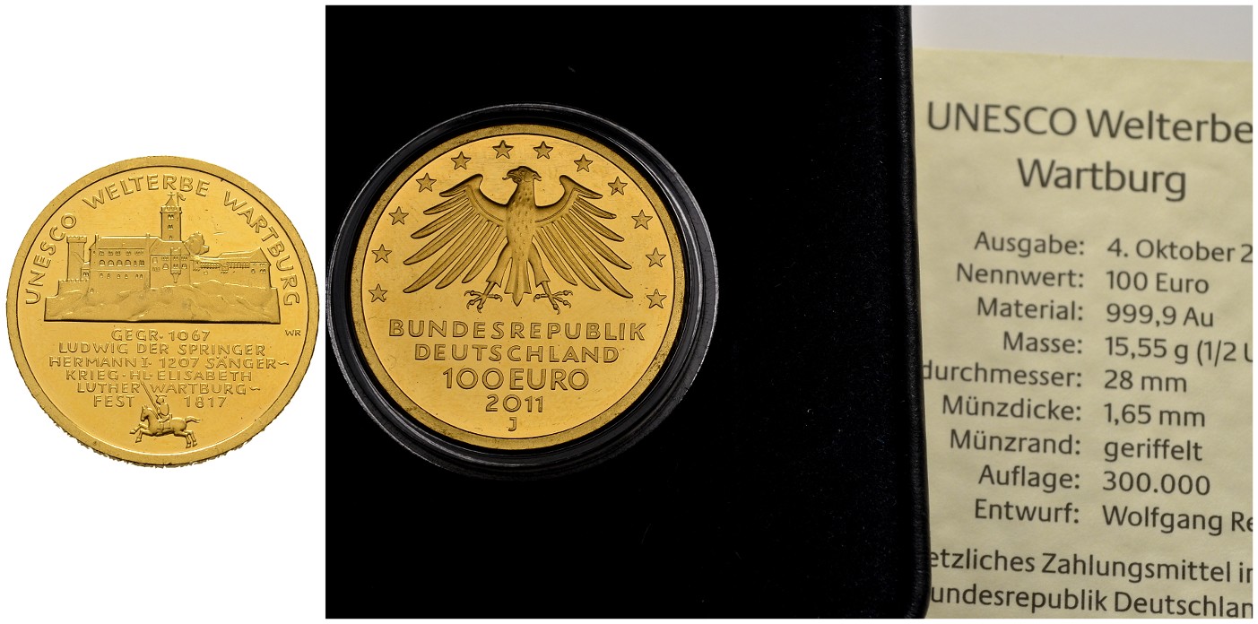 PEUS 7827 BRD 15,55 g Feingold. Wartburg incl. Etui + Zertifikat 100 Euro GOLD 2011 J Hamburg Kl. Kratzer, vorzüglich +