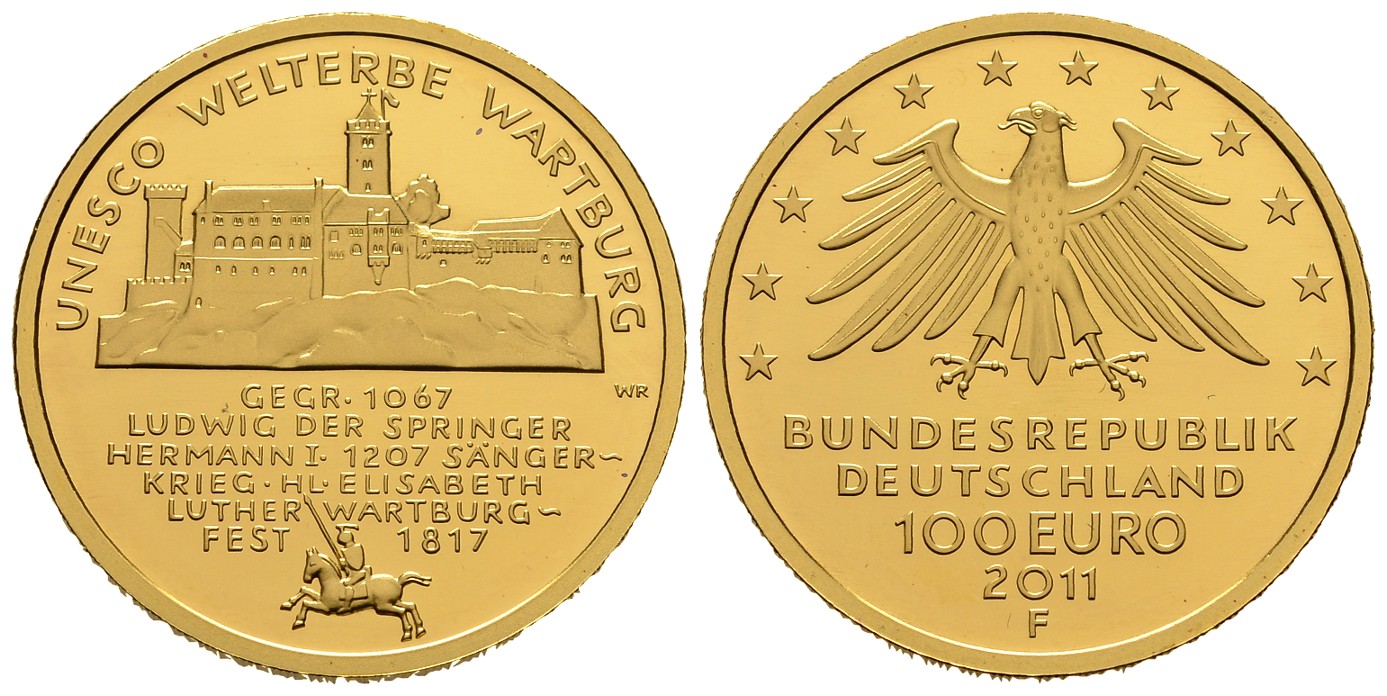 PEUS 7828 BRD 15,55 g Feingold. Wartburg OHNE Etui + Zertifikat 100 Euro GOLD 2011 F Stuttgart Stempelglanz