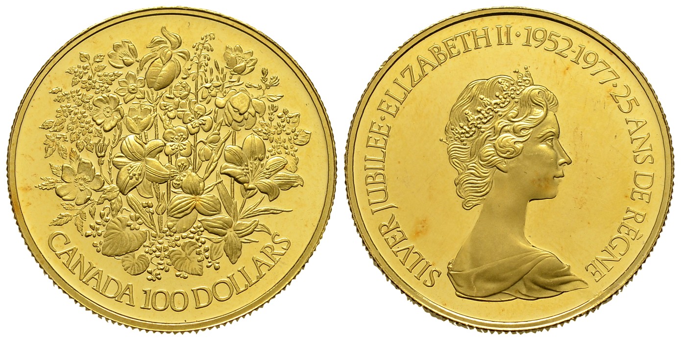 PEUS 7829 Kanada 15,55 g Feingold. Blumenbouquet Regierungsjubiläum 25 Jahre 100 Dollars GOLD 1/2 Unze o.J. (1977) Proof, kl. rote Flecken