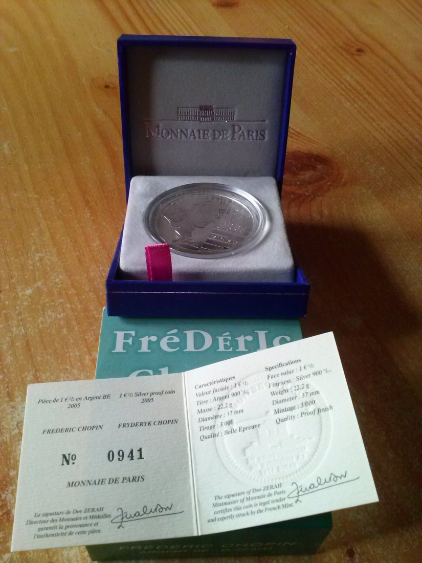 frederic chopin, silbermünze 1 1/2 euro, frankreich 05, lim. 3000 stk.ww, orig. etui, zertifikate