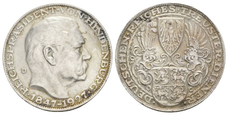  Silbermedaille 1927 D Weimarer Republik - Reichspräsident Hindenburg; 24,75 g, Ø 36 mm   