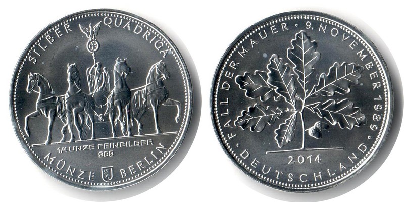  Deutschland Medaille 2014 FM-Frankfurt Feingewicht: 7,77g Silber stg. Mauerfall Berlin   