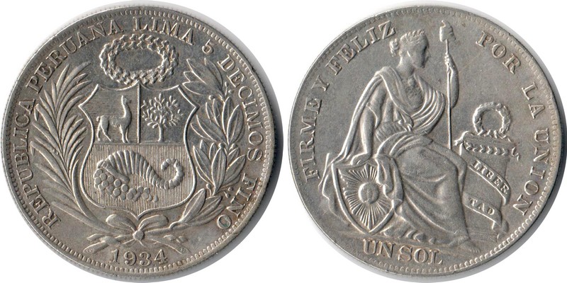 Peru  1 Sol  1934  FM-Frankfurt  Feingewicht: 12,5g  Silber  sehr schön   