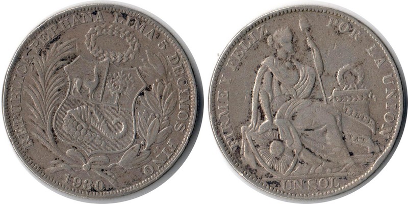  Peru  1 Sol  1930  FM-Frankfurt  Feingewicht: 12,5g  Silber  sehr schön   