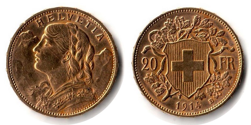 Schweiz MM-Frankfurt Feingewicht: 5,81g Gold 20sFR (Vreneli) 1914 sehr schön/vorzüglich