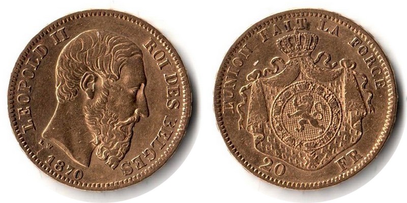 Belgien MM-Frankfurt Feingewicht: 5,81g Gold 20 Francs 1870 sehr schön