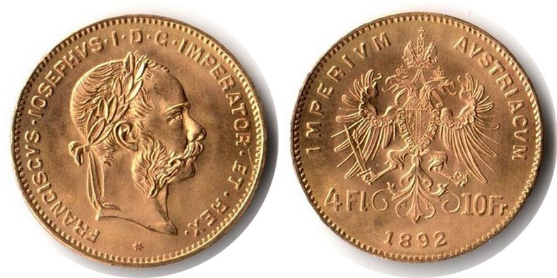 Österreich MM-Frankfurt Feingewicht: 2,9g Gold 4 Florin - 10 Francs 1892 vorzüglich