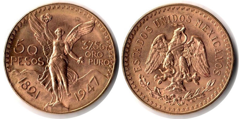 Mexiko MM-Frankfurt Feingewicht: 37,50g Gold 50 Pesos 1947 sehr schön/vorzüglich