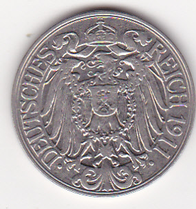  Kaiserreich, 25 Pfennig 1911 A, vorzüglich   