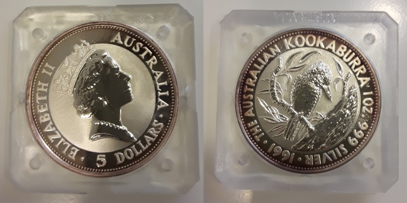  Australien  5 Dollar (Kookaburra) 1991  FM-Frankfurt Feingewicht: 31,1g Silber  st (Patina)   