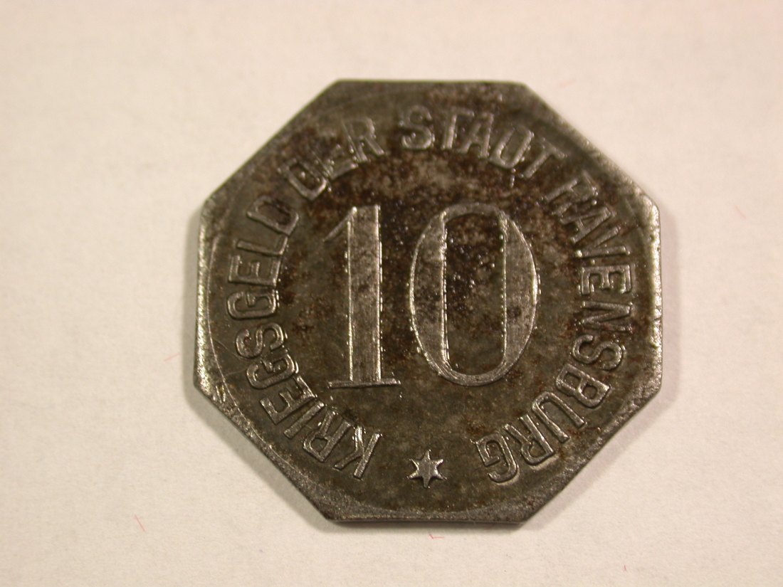  B16  Ravensburg 10 Pfennig 1918 in Eisen  achteckig in ss/ss+ Originalbilder   
