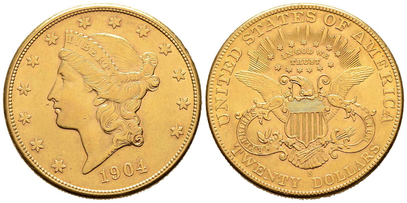 PEUS 7914 USA 30,1 g Feingold. Coronet Head 20 Dollars GOLD 1904 S Kl. Kratzer, Sehr schön +