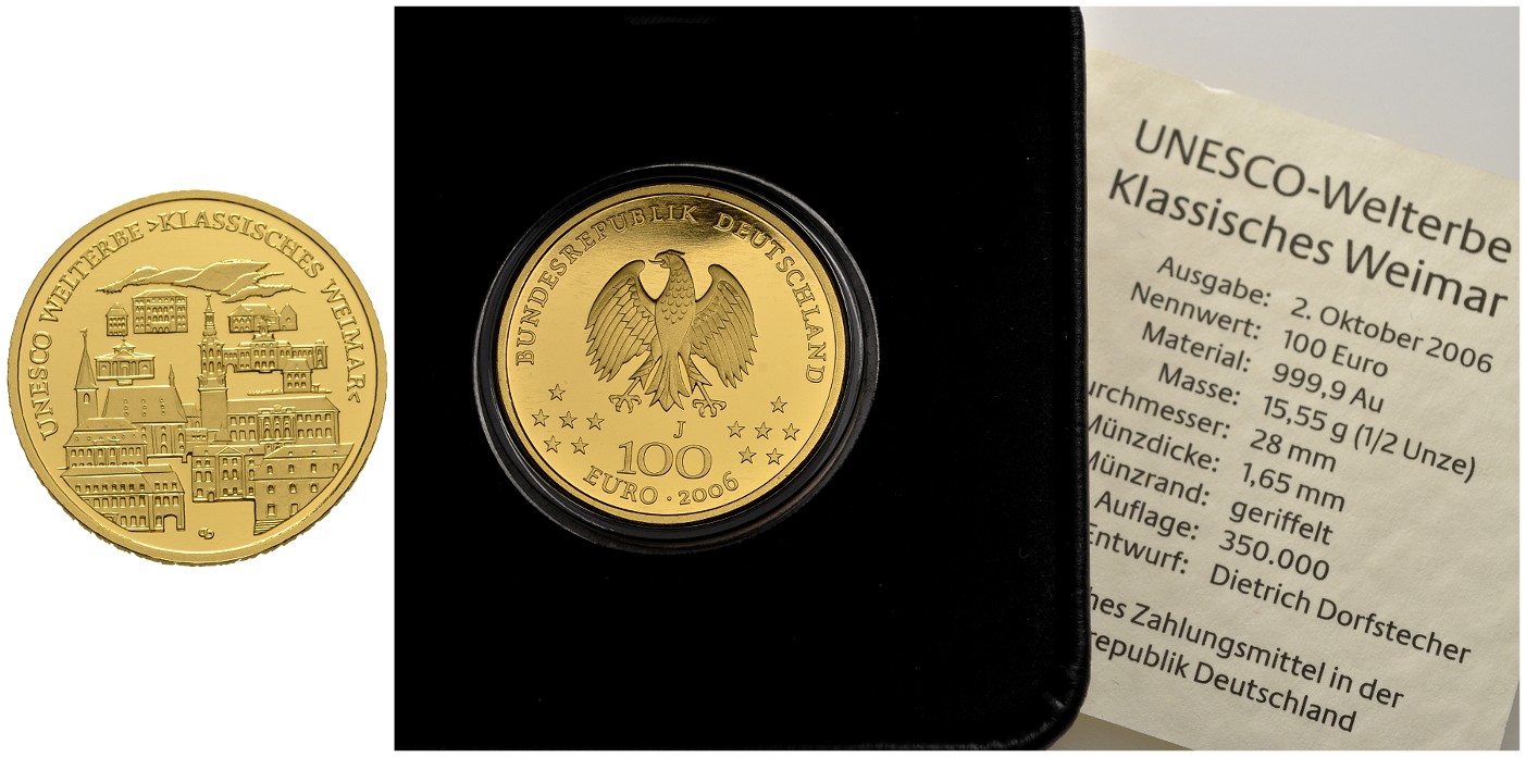 PEUS 7919 BRD 15,55 g Feingold. Weimar incl. Etui und Zertifikat 100 Euro GOLD 2006 J Hamburg Stempelglanz (Originalkapsel)
