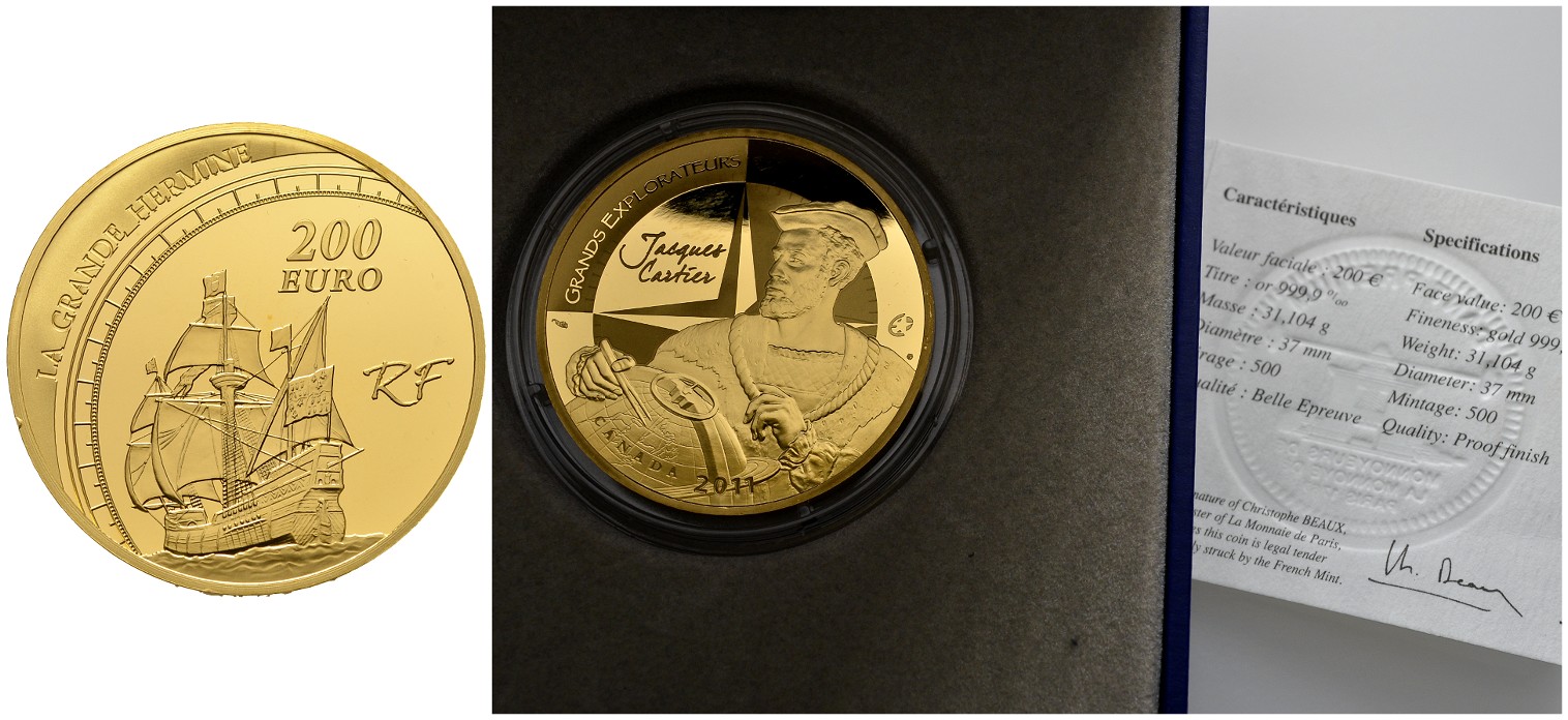 PEUS 7921 Frankreich 31,1 g Feingold. Jacques Cartier incl. Originalverpackung + Zertifikat 200 Euro GOLD Unze 2011 Kl. Randfehler, Impaired Proof