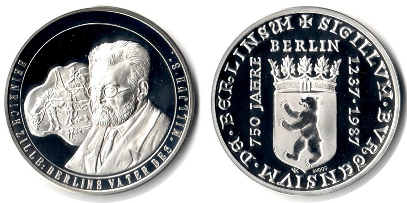  Deutschland Medaille 1987 FM-Frankfurt Feingewicht:  19,2g Silber Heinrich Zille  pp   