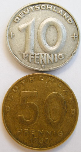 DDR 10 Pf 1950 E, 50 Pf 1950 A