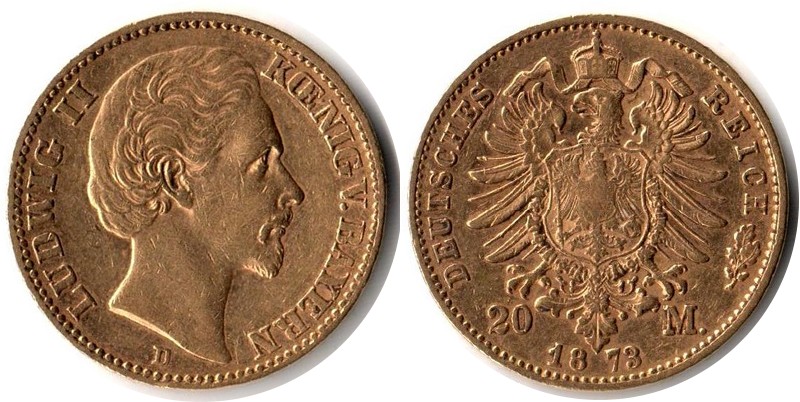 Bayern, Königreich MM-Frankfurt Feingewicht: 7,17g Gold 20 Mark 1873 D sehr schön