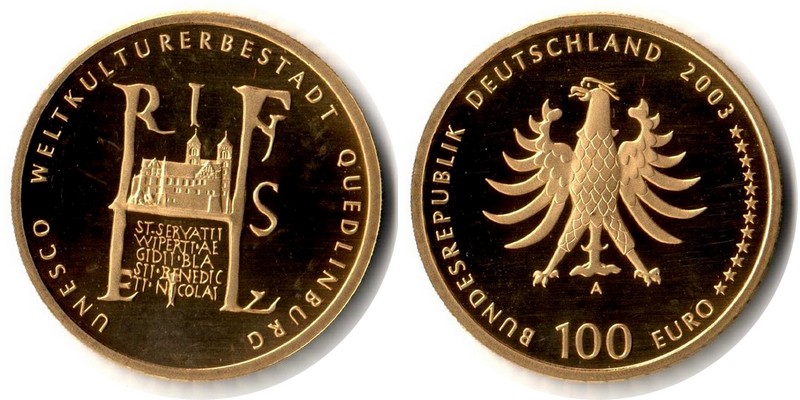 BRD MM-Frankfurt  Feingewicht: 15,5g Gold 100 EUR Qedlinburg 2003 stempelglanz
