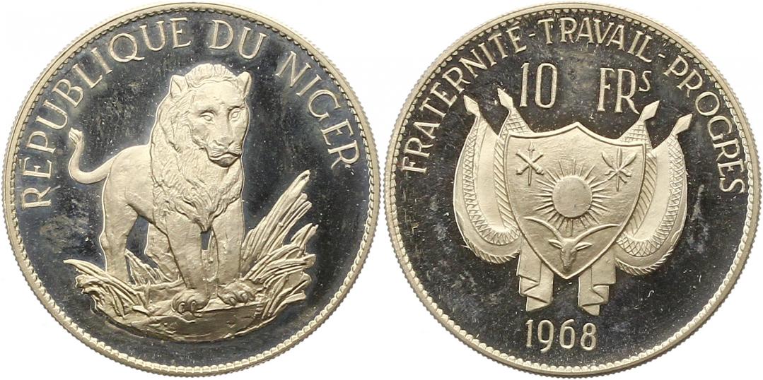  7820 Niger  10 Francs 1968  18,00 Gramm Silber fein polierte Platte   