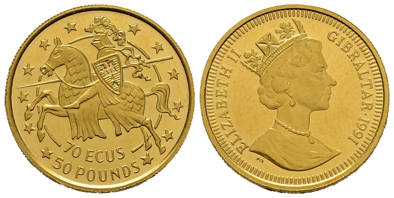 PEUS 8004 Gibraltar 6,22 g Feingold. Elisabeth II. / Ritter auf Pferd 70 Ecus / 50 Pounds GOLD 1991 Impaired Proof / Vz aus PP