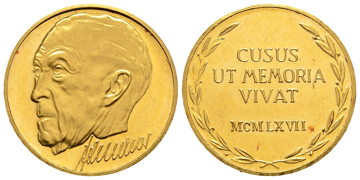PEUS 8011 BRD 23 mm / 6,88 g Feingold. Konrad Adenauer Porträt Goldmedaille 1967 Polierter Platte (Haarlinien)