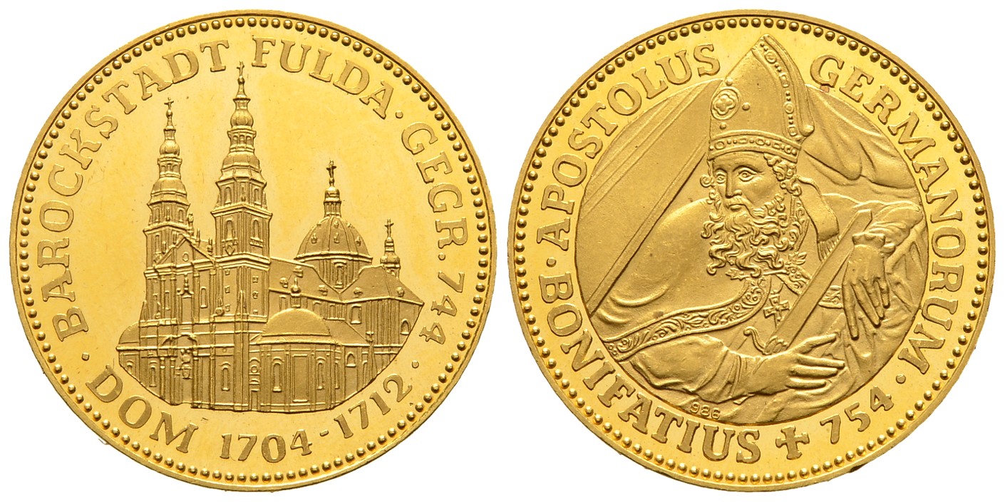 PEUS 8013 Fulda 26 mm / 9,76 g Feingold. Dom / Bonifatius Goldmedaille o.J. Impaired Proof / Vorzüglich + aus PP