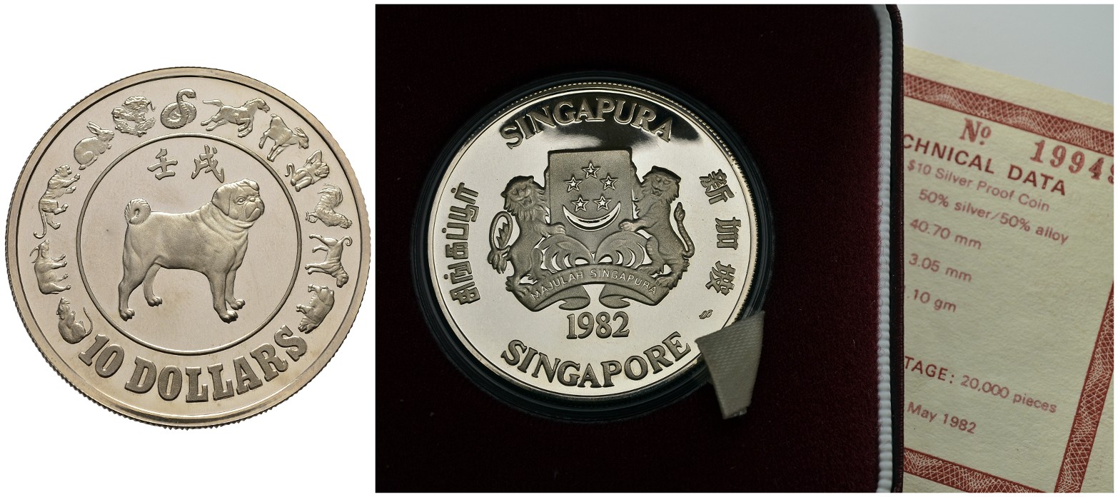 PEUS 8016 Singapur 31,1 g Feinsilber. Incl. Etui + Zertifikat. Jahr des Hundes 10 Dollars SILBER Unze 1982 Proof