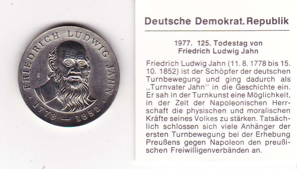 DDR, 5 Mark 1977, 125. Todestag Turnvater Jahn