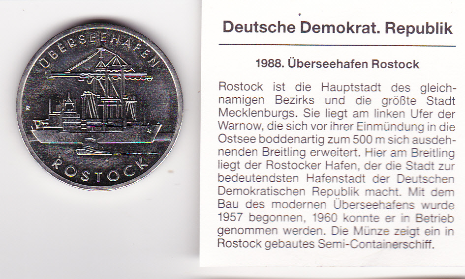 DDR, 5 Mark 1988, Überseehafen Rostock, stempelglanz