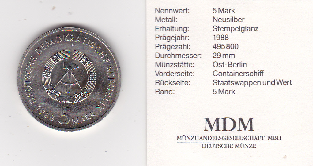  DDR, 5 Mark 1988, Überseehafen Rostock, stempelglanz   