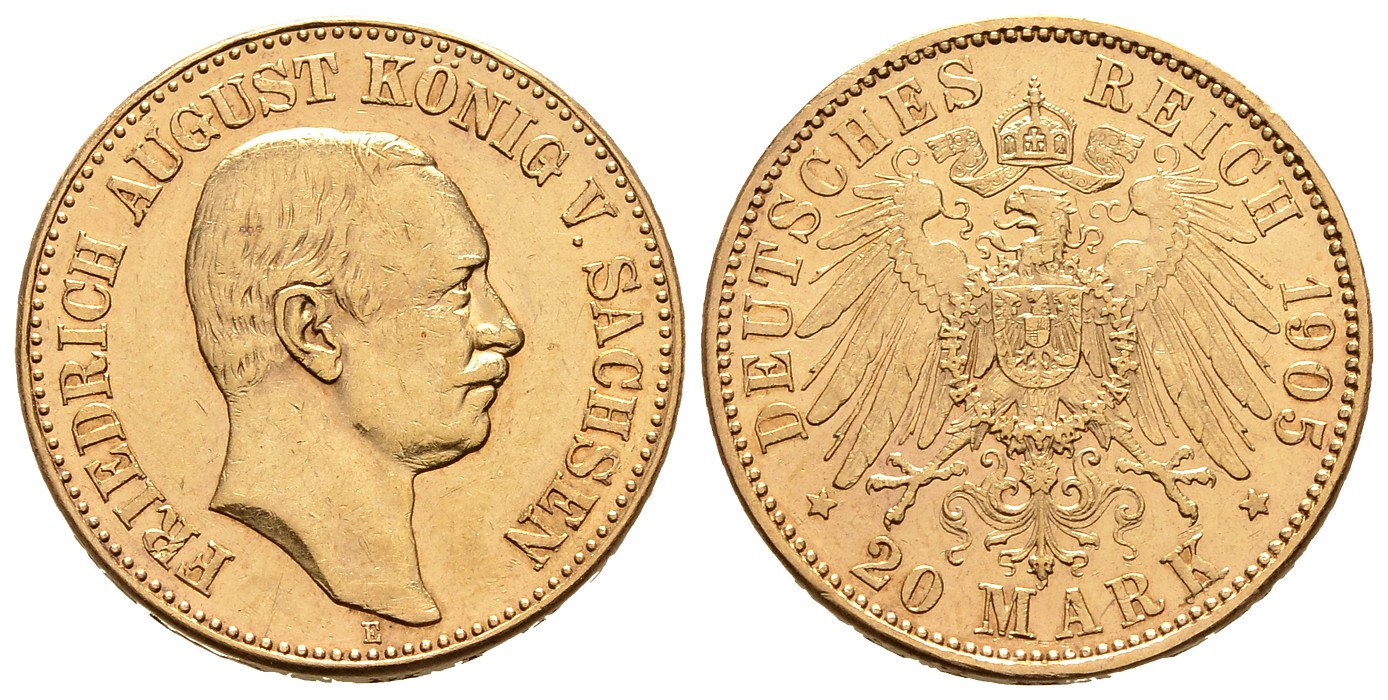 PEUS 8028 Sachsen - Kaiserreich 7,17 g Feingold. Friedrich August III. (1904 - 1918) 20 Mark GOLD 1905 E Muldenhüt Sehr schön / Vorzüglich