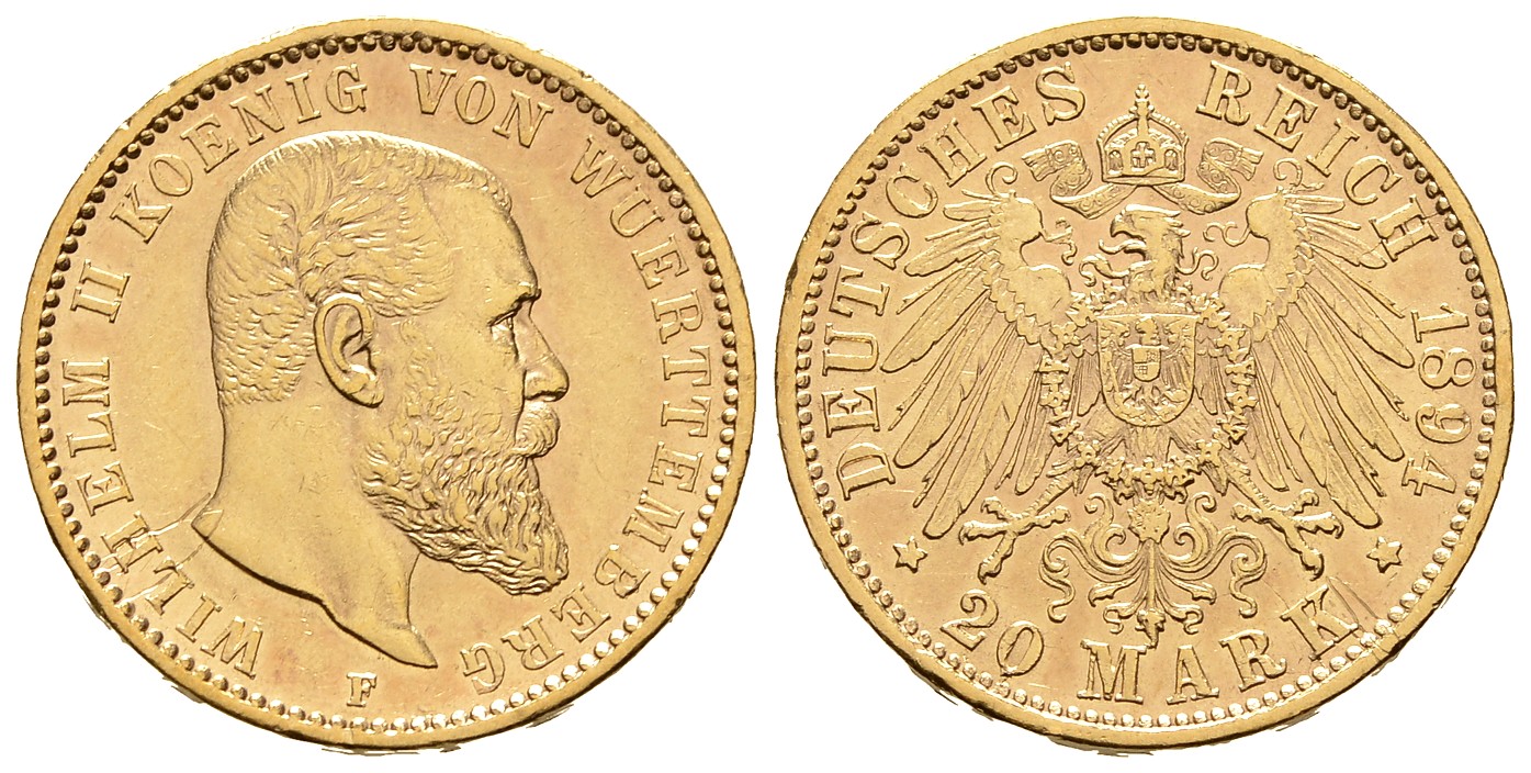 PEUS 8030 Kaiserreich - Württemberg 7,17 g Feingold. Wilhelm II. (1891 - 1918) 20 Mark GOLD 1894 F Sehr schön / Vorzüglich +