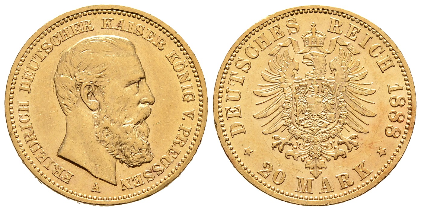 PEUS 8033 Kaiserreich - Preußen 7,17 g Feingold. Friedrich III.(09.03. - 15.06.1888) 20 Mark GOLD 1888 A Sehr schön / Vorzüglich +