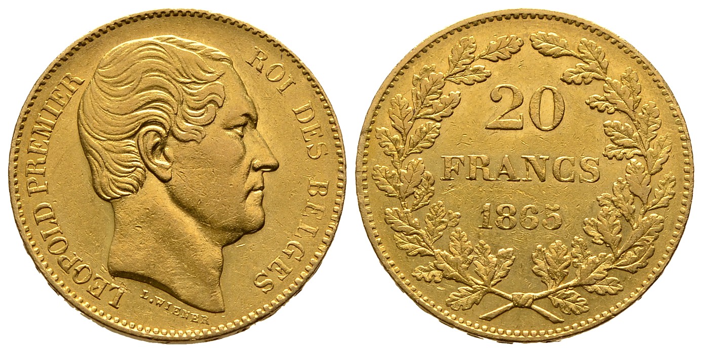 PEUS 8040 Belgien 5,81 g Feingold. Leopold I. (1831 - 1865) 20 Francs GOLD 1865 L.WIENER Sehr schön + / Sehr schön