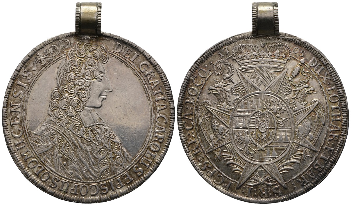 PEUS 8047 Olmütz, Bistum Karl III. von Lothringen (1695 - 1710) Reichstaler 1705, Kremsier Gehenkelt, sehr schön