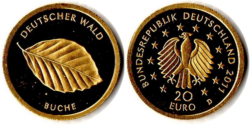 Deutschland MM-Frankfurt Feingewicht: 3,88g Gold 20 Euro Buche 2011 D vz/stgl.